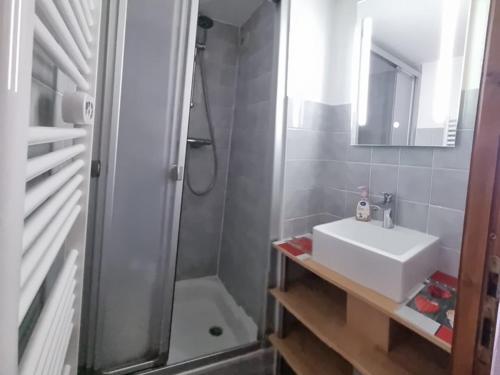 une petite salle de bain avec un lavabo et une douche dans l'établissement Appartement duplex familial 6 pers. à Crest-Voland avec balcon et à 50m des pistes - FR-1-733-67, à Crest-Voland