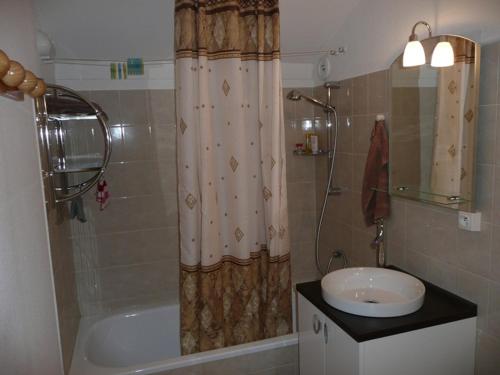 a bathroom with a shower curtain and a sink at Appartement Crest-Voland, 2 pièces, 4 personnes - FR-1-733-99 in Crest-Voland