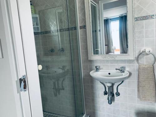 a bathroom with a sink and a glass shower at Mulberry Gardens Self Catering in Swakopmund