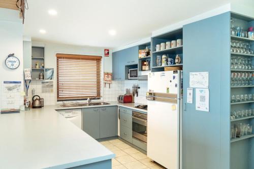 a kitchen with blue walls and a white refrigerator at Candoux 5 in Mount Buller