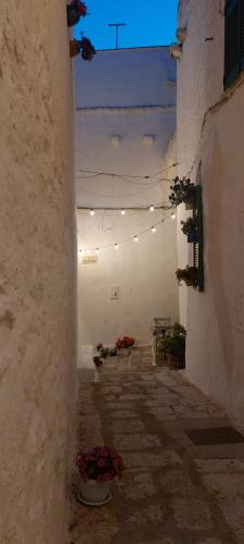 an empty alley with flowers in a white building at Dimora Lavinia Casa vacanze Centro storico Ostuni in Ostuni