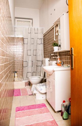 a bathroom with a sink and a toilet and a shower at Apartman Stella in Bosanska Gradiška