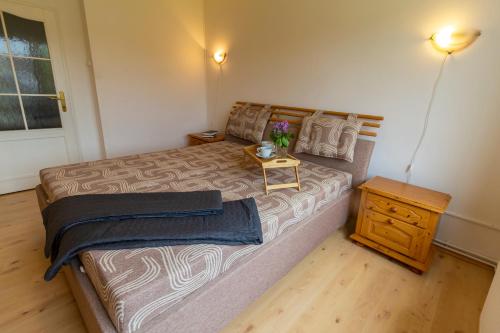 a bedroom with a large bed with a night stand at Apartmánový dům Vilémovice in Vilémovice