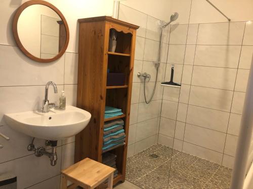 a bathroom with a sink and a shower at Ferienhaus Donnerskirchen in Donnerskirchen