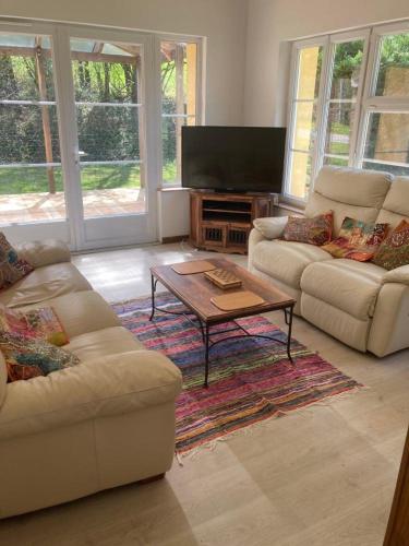 un salon avec deux canapés et une télévision dans l'établissement Garden Cottage, à Rancon