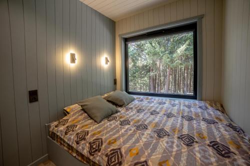 Cocodeno-'Virš Ąžuolų' - Forest SPA - FREE jacuzzi في Paplatelė: غرفة نوم بسرير مع نافذة كبيرة