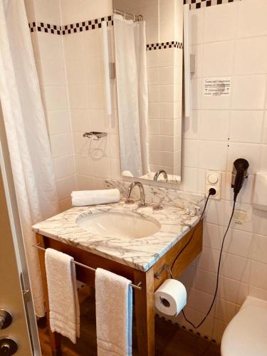 a bathroom with a sink and a mirror and a toilet at Hotel Rosenheimer Hof in Traunstein