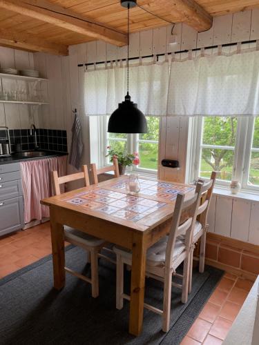 a dining room table and chairs in a kitchen at Fogdarps B&B -Eget gästhus- in Förslöv