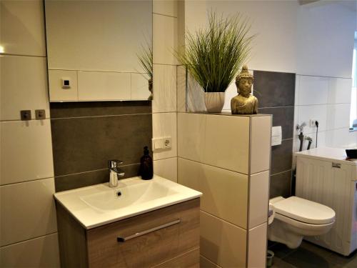 La salle de bains est pourvue d'un lavabo et de toilettes. dans l'établissement FeWo Fuchsbau mit Dampfdusche und Kamin, à Bad Harzburg