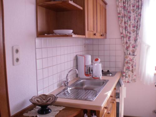 a kitchen with a sink and a counter top at Pension Leyrer in Kötschach