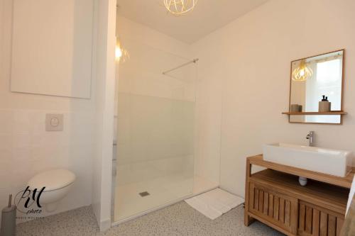 une salle de bain avec une douche, un lavabo et des toilettes dans l'établissement Le petit Balzac T2 - Hypercentre Angoulême, à Angoulême