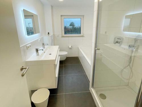 een badkamer met een douche, een toilet en een wastafel bij Apartments in Rosbach vor der Höhe in Rosbach vor der Höhe