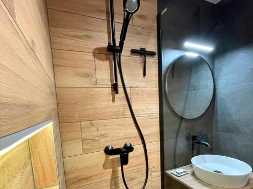 een badkamer met een douche, een wastafel en een spiegel bij L'Artistik - Appartement 5 min à pied du port et parking privé in Vannes