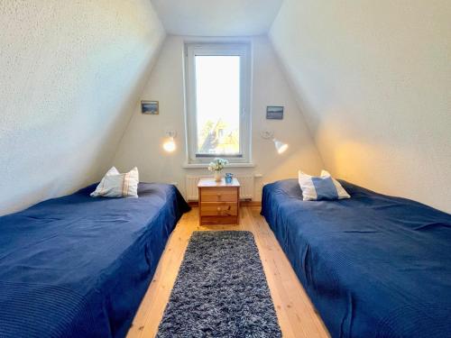 two blue beds in a room with a window at Finnhütten Mönchgut Finnhütte 67 in Gager