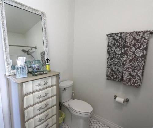 uma casa de banho com um WC branco e um espelho. em Sq Sequim Sunrise Apartment em Sequim
