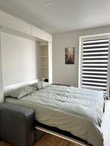 ein Schlafzimmer mit einem großen Bett und einem Fenster in der Unterkunft Wolfie Apartment, City Center in Vilnius