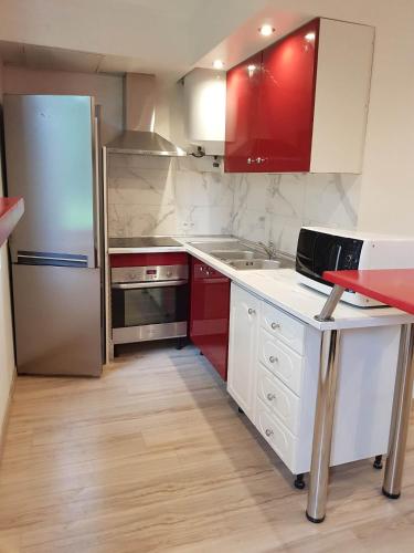 La cuisine est équipée de placards rouges et blancs et d'un réfrigérateur. dans l'établissement 05 - Très joli 3 pièces neuf 2 chambres, logement tout équipé pour 1 à 4 personnes maximum, vue sur jardin avec parking privatif, grand fourgon possible, tout le linge de maison est fourni, à Annesse-et-Beaulieu