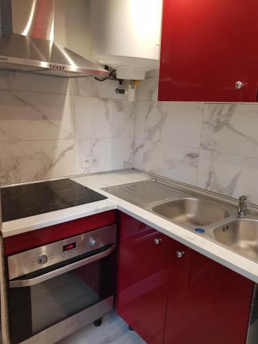 une petite cuisine avec des armoires rouges et un évier dans l'établissement 05 - Très joli 3 pièces neuf 2 chambres, logement tout équipé pour 1 à 4 personnes maximum, vue sur jardin avec parking privatif, grand fourgon possible, tout le linge de maison est fourni, à Annesse-et-Beaulieu