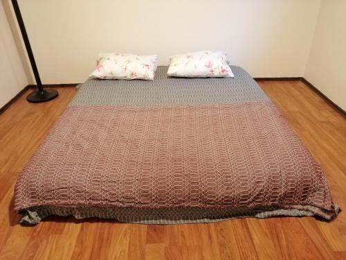 Bett in einem Zimmer mit zwei Kissen darauf in der Unterkunft İstanbul Havalimanı 30 Dakika in Sultançiftliği Köyü