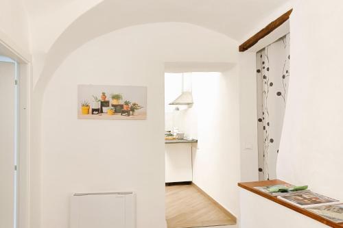 a small kitchen with white walls and a hallway at Le Terrazze 