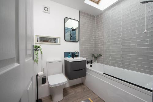 a bathroom with a toilet and a sink and a mirror at Hoopers Lodge, Croft Hooper, Crowlas in Ludgvan