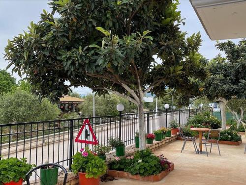 a warning sign next to a tree and some plants at Sky Apartments in Sarandë