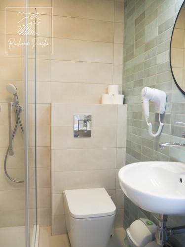 a bathroom with a toilet and a sink and a shower at Ruchome Piaski in Łeba