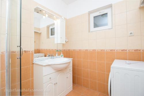 een badkamer met een wastafel en een douche bij 547 - Közvetlen vízparti, 2 hálószobás, kertkapcsolatos apartman in Balatonőszöd