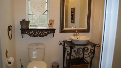 a bathroom with a toilet and a sink and a mirror at Cunningham Cottage Guest House in Kuruman