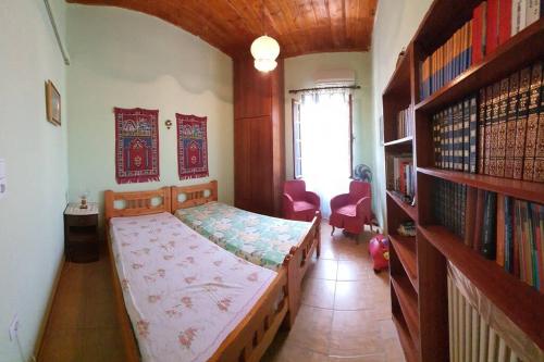 Villa Galini في كاتاكولو: غرفة نوم مع سرير ورف كتاب