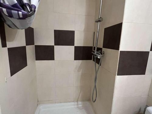 La salle de bains est pourvue d'une douche avec du carrelage noir et blanc. dans l'établissement Studio 4 Pers, Balcon, Proche Plage, Quartier Avant-Port, Parking Public, Animaux Bienvenus - FR-1-702-4, au Cap d'Agde