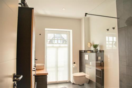 a bathroom with a toilet and a sink at Ferienwohnung Lüchtkieker Wangerooge in Wangerooge