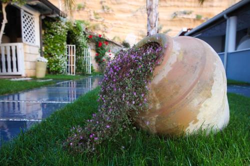 a large vase filled with purple flowers in the grass at Oldwell Hotel in Santa Domenica