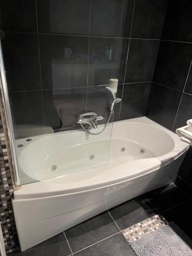 a white bath tub in a bathroom with a shower at Amazing Studio S3, City Centre Dordrecht in Dordrecht