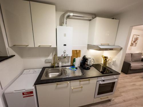 a small kitchen with a sink and a stove at Messe-Apartment für 5 Gäste mit Balkon und Lift in Hannover
