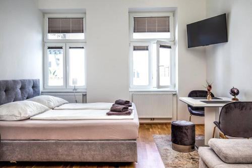 a bedroom with a bed and a desk and a couch at Cozy apartment Studio in Vienna