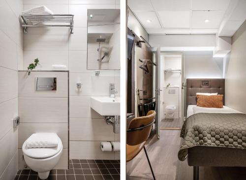 a small bathroom with a toilet and a sink at Hotel Point in Stockholm