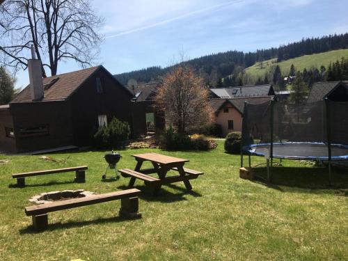 a picnic table and a trampoline in a yard at Rodinné apartmány Rafael Bedřichov in Bedřichov