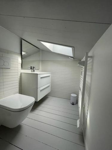 une salle de bain blanche avec un lavabo et des toilettes dans l'établissement Grand appartement ancien en centre ville, à La Rochelle