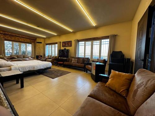 a large living room with a bed and a couch at Oak Farm مزرعة البلوط in Ajloun