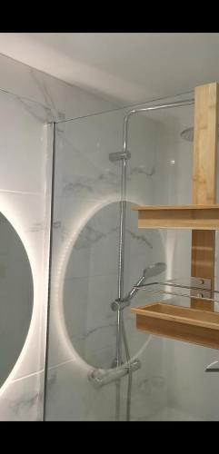 d'une douche avec une porte en verre et une étagère en bois. dans l'établissement Agay studio, à Saint-Raphaël
