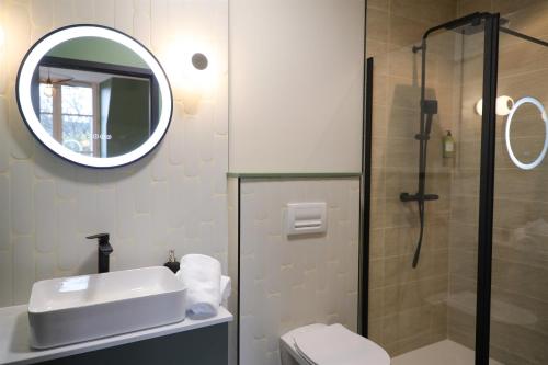 a bathroom with a shower and a sink and a mirror at La Villa Ponsin in Cognac