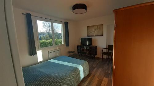 a bedroom with a bed and a window and a television at Gites Nature & Espace - Le puits des souhaits in Villedieu-les-Poêles