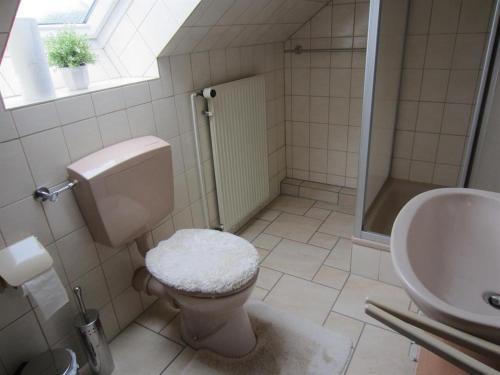 uma casa de banho com um WC e um lavatório em Ferienwohnung Freitag em Winsen
