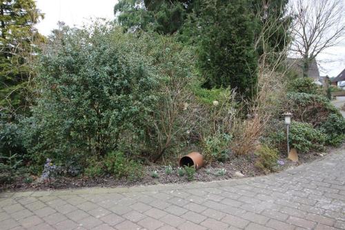 un jardín con arbustos y un camino de ladrillo en Ferien am Waldesrand, en Lachendorf