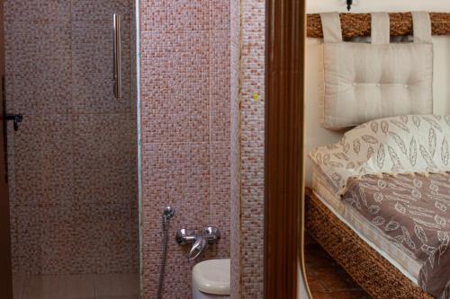 a bathroom with a shower with a bed and a sink at Cozy Studio with Rooftop Terrace & Cityscape Views in Le Bardo