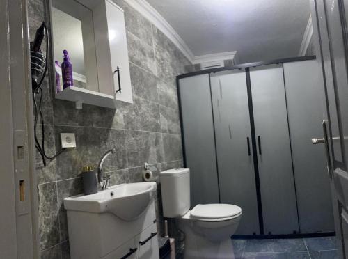 La salle de bains est pourvue de toilettes, d'un lavabo et d'une douche. dans l'établissement YAKAMOZ 27 SUİT APART, à Bursa