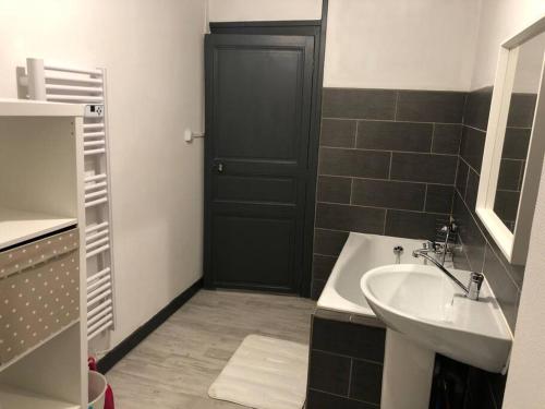 La salle de bains est pourvue d'un lavabo et d'une porte noire. dans l'établissement (B-1) Bourgueil Studio N•1, à Bourgueil