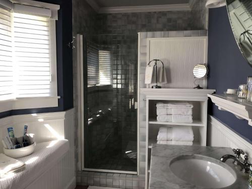 a bathroom with a shower and a sink and a tub at Kate Stanton Inn in Encinitas