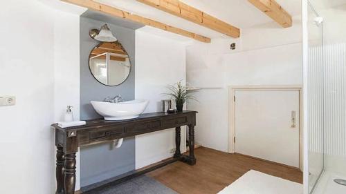a bathroom with a sink and a mirror at Studio in Woonboot + privébadkamer en -tuinterras in Utrecht